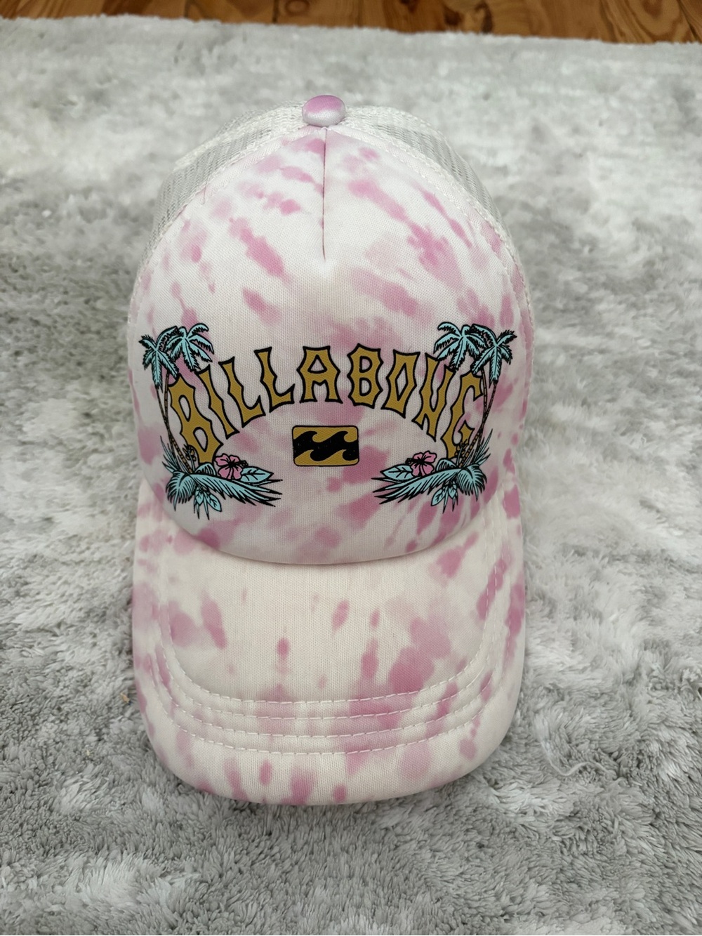 Billabong White and Pink Tie-Dye Trucker Cap with Tropical Logo